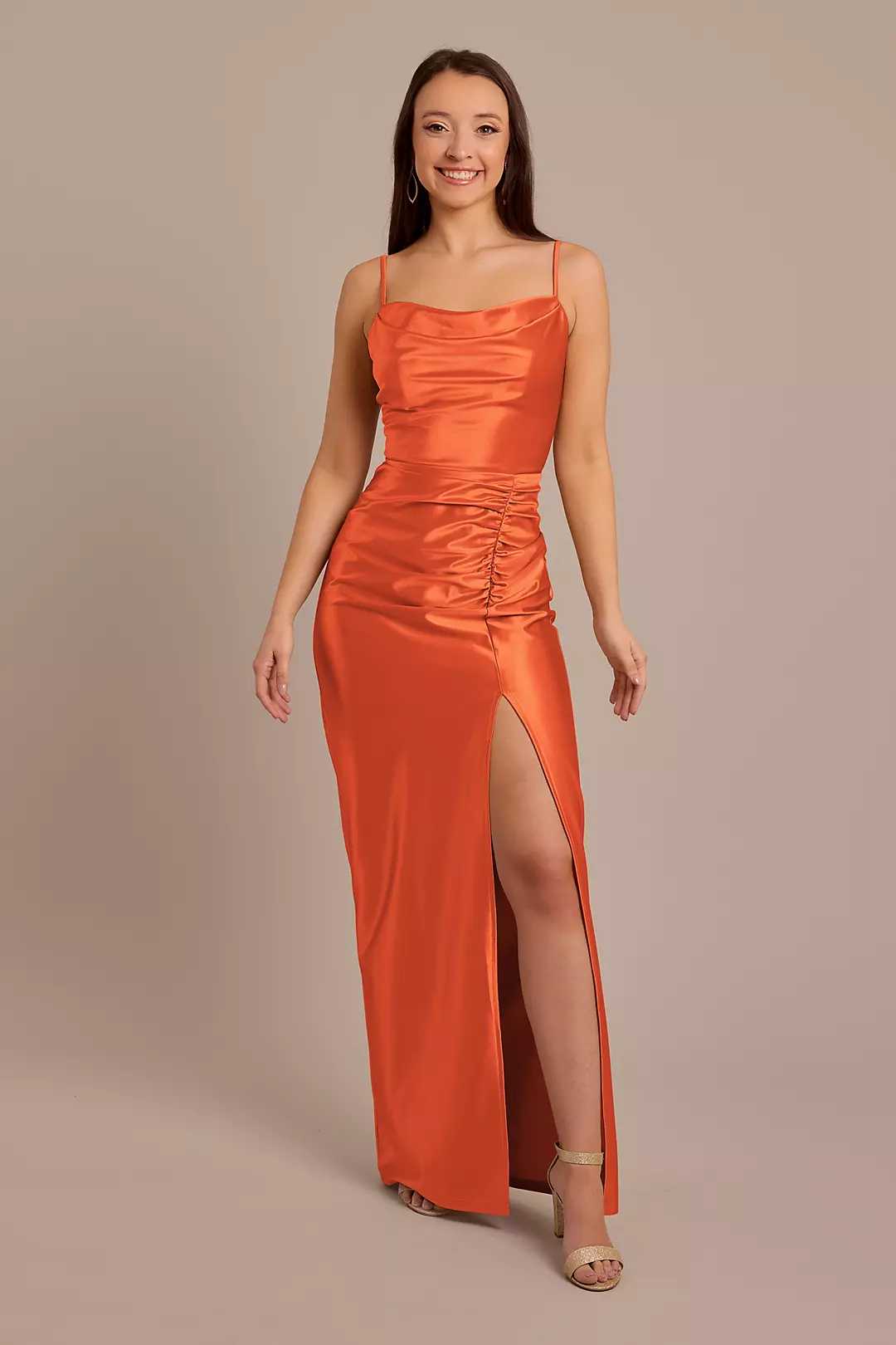 Sculpting Shiny Satin Cowl Neck Ruched Dresses - XNAUWBI