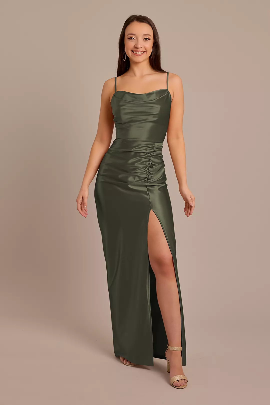 Sculpting Shiny Satin Cowl Neck Ruched Dresses - XNAUWBI