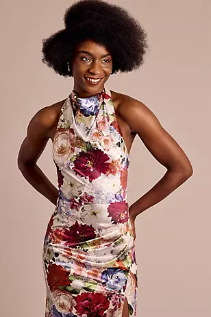 Cowl Halter Neckline Floral Print Sheath Dresses - XNAUWBI