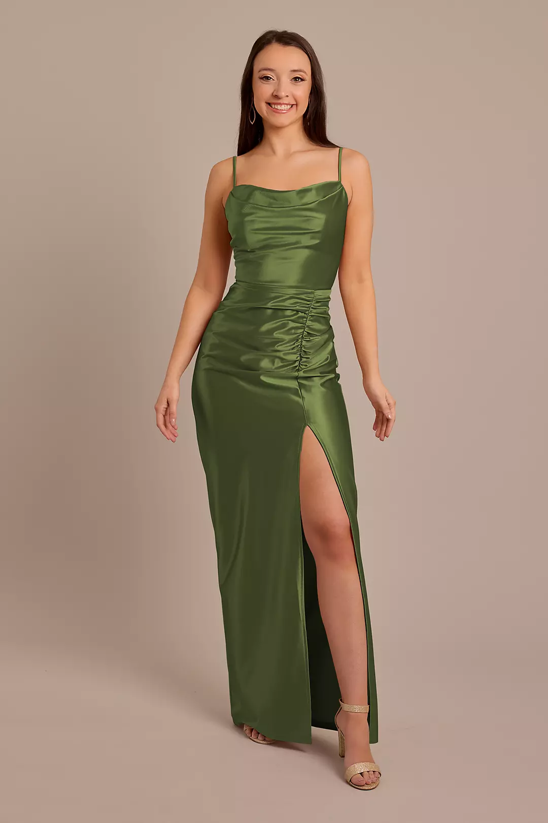 Sculpting Shiny Satin Cowl Neck Ruched Dresses - XNAUWBI
