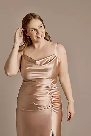 Sculpting Shiny Satin Cowl Neck Ruched Dresses - XNAUWBI