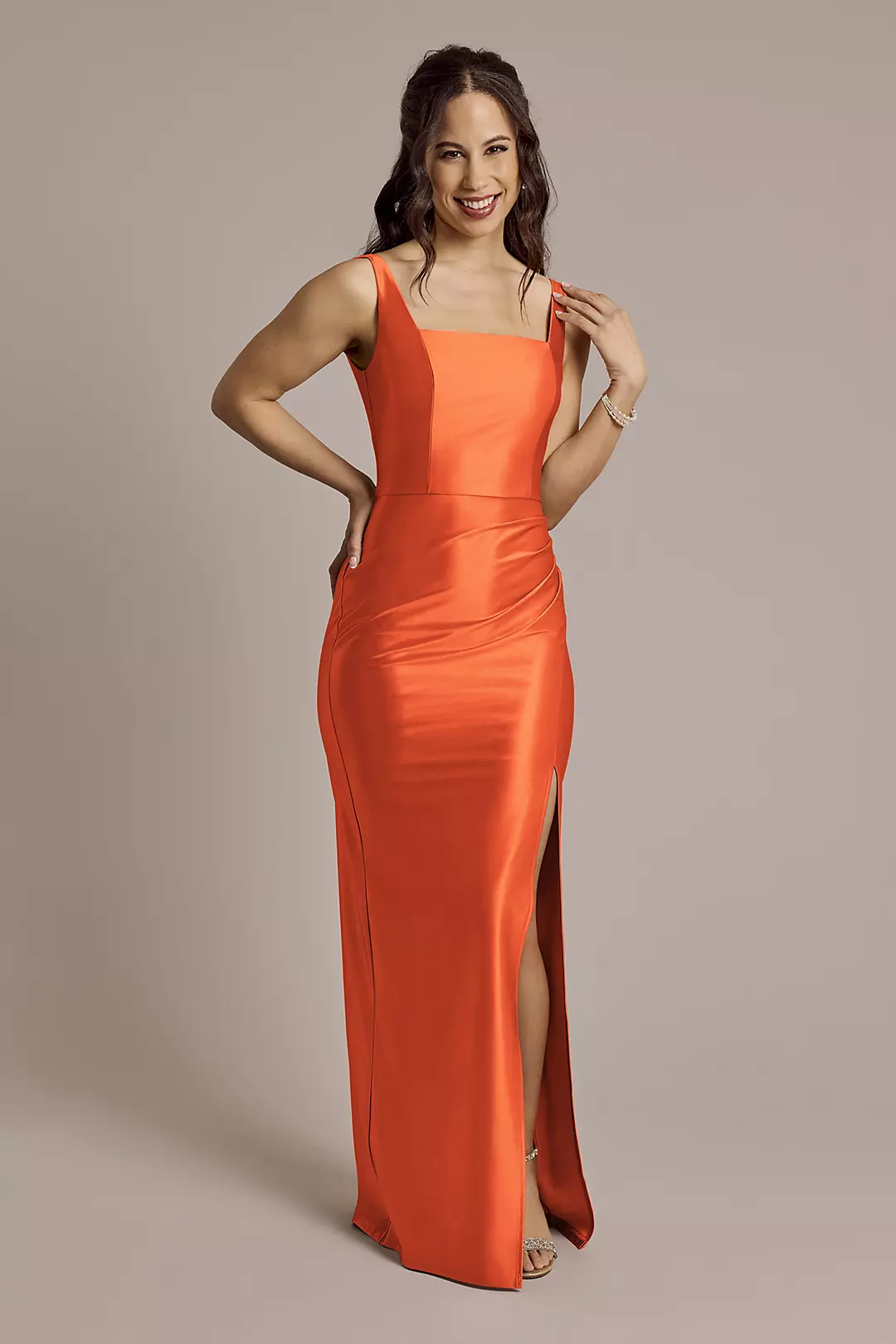 Sculpting Shiny Satin Square Neck Tank Dresses - XNAUWBI