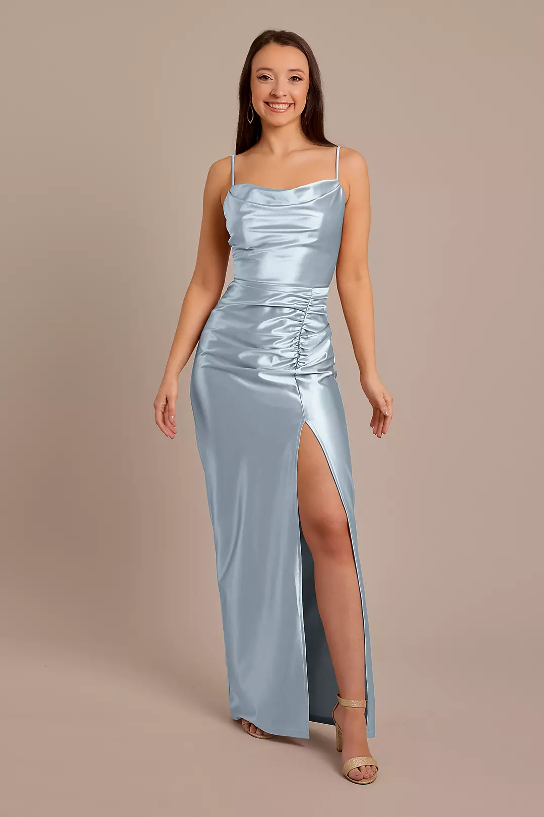 Sculpting Shiny Satin Cowl Neck Ruched Dresses - XNAUWBI