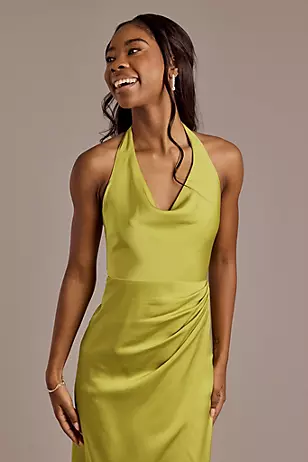 Matte Satin Cowl Neck Halter Sheath Dresses - XNAUWBI