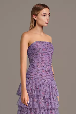 Tiered Net Strapless Drop Waist Floral Print Dresses - XNAUWBI