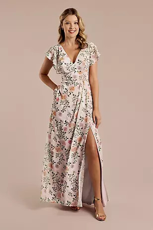 Floral Chiffon Flutter Sleeve V-Neck Dresses - XNAUWBI