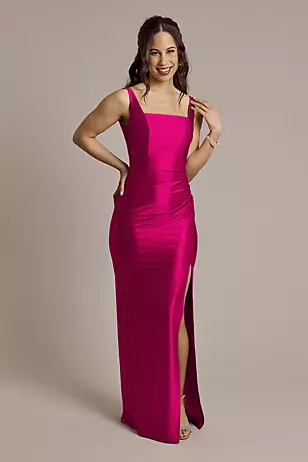 Sculpting Shiny Satin Square Neck Tank Dresses - XNAUWBI