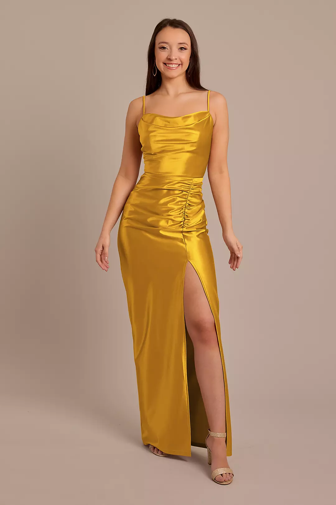 Sculpting Shiny Satin Cowl Neck Ruched Dresses - XNAUWBI