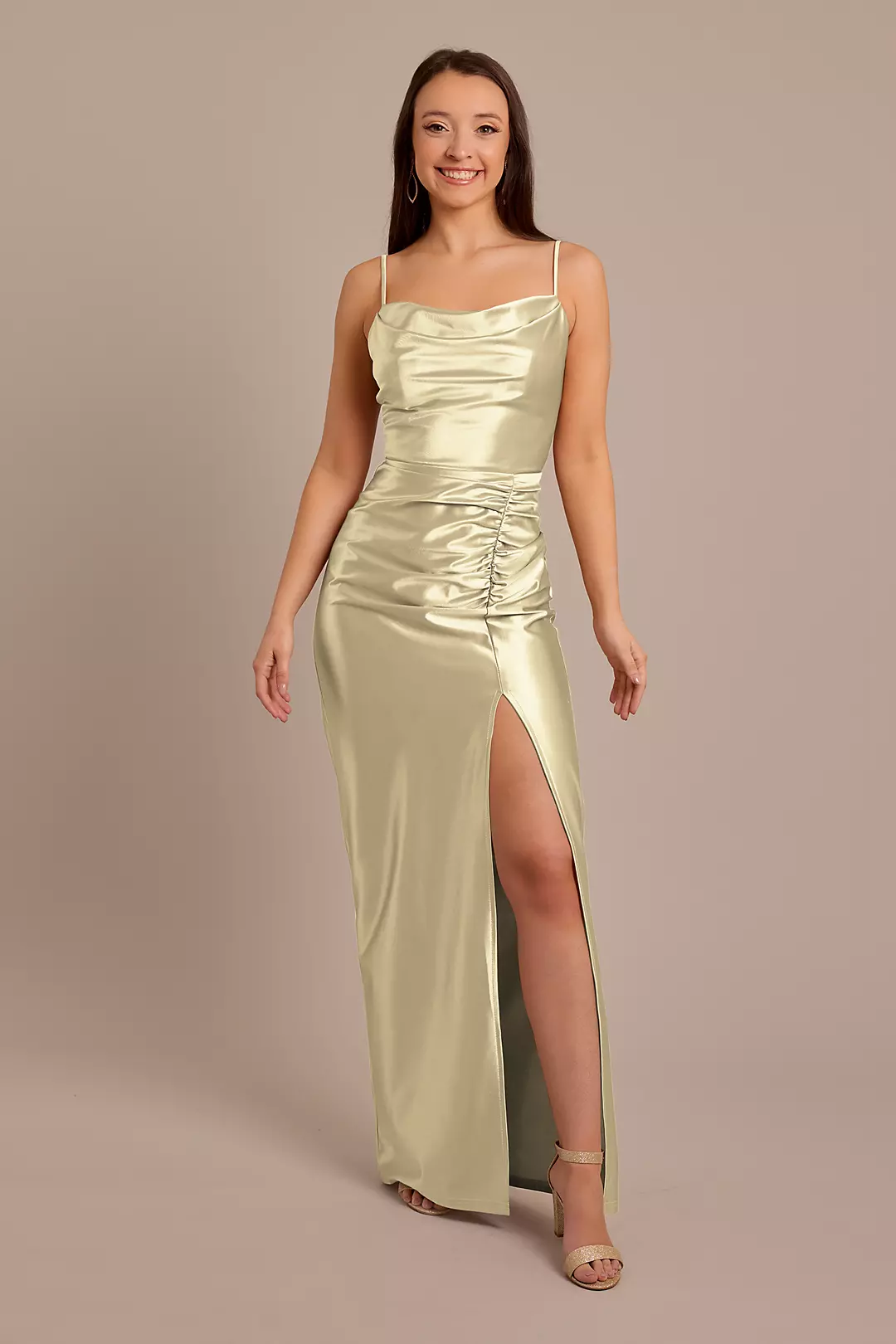 Sculpting Shiny Satin Cowl Neck Ruched Dresses - XNAUWBI