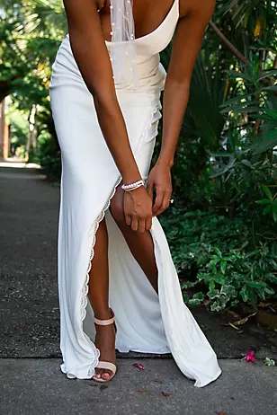 Ruched Skinny Strap Dress with Lace Slit Dress - XNAUWBI