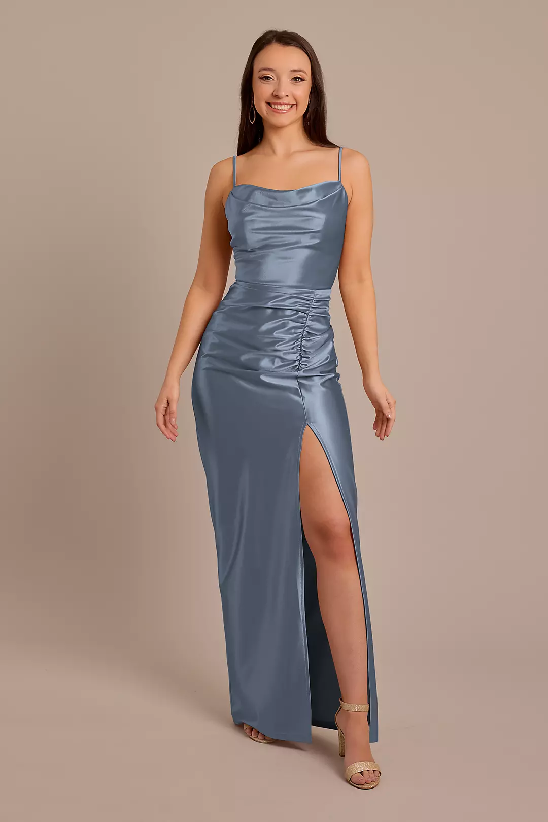 Sculpting Shiny Satin Cowl Neck Ruched Dresses - XNAUWBI