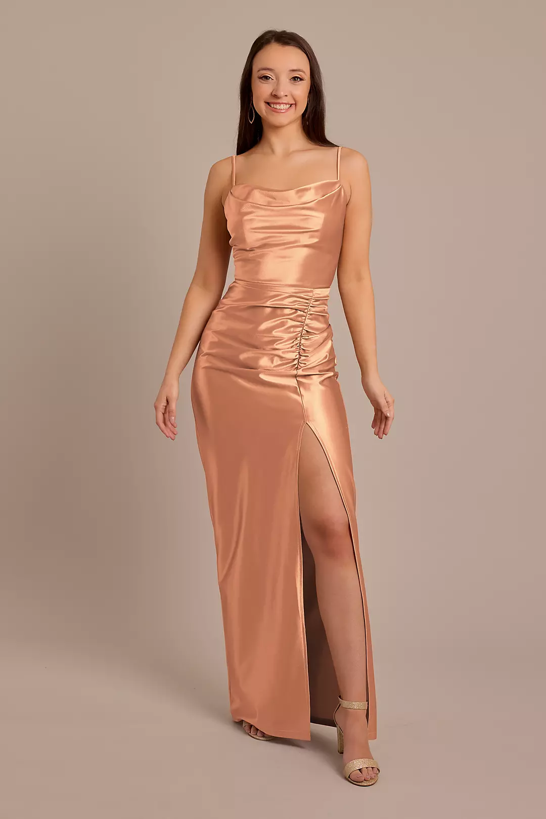 Sculpting Shiny Satin Cowl Neck Ruched Dresses - XNAUWBI