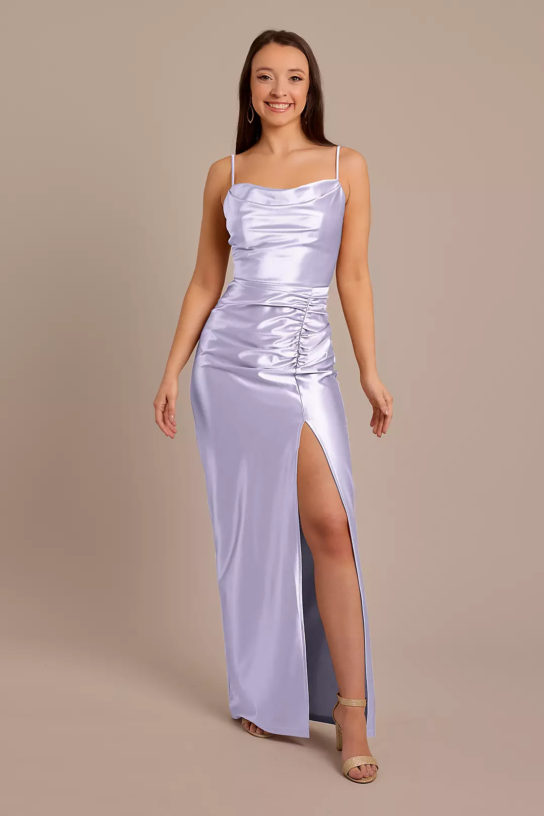 Sculpting Shiny Satin Cowl Neck Ruched Dresses - XNAUWBI
