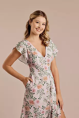 Floral Chiffon Flutter Sleeve V-Neck Dresses - XNAUWBI