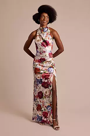 Cowl Halter Neckline Floral Print Sheath Dresses - XNAUWBI