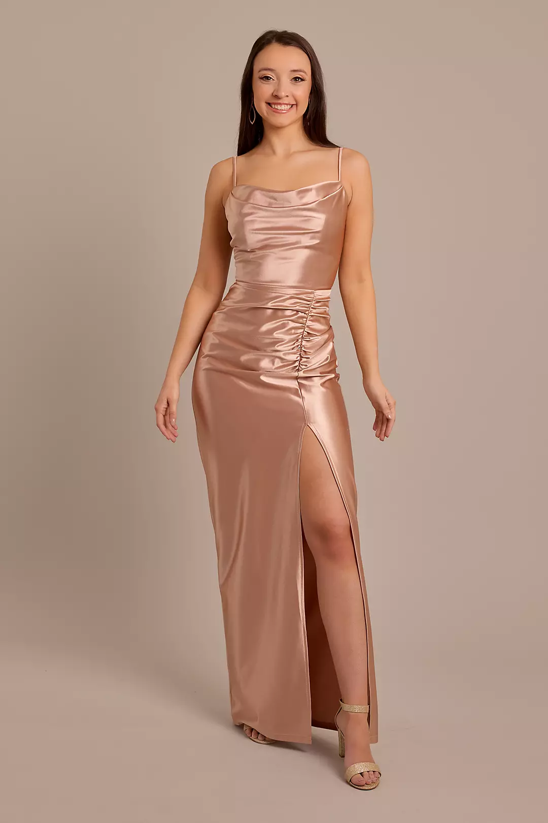 Sculpting Shiny Satin Cowl Neck Ruched Dresses - XNAUWBI