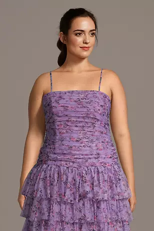 Tiered Net Strapless Drop Waist Floral Print Dresses - XNAUWBI