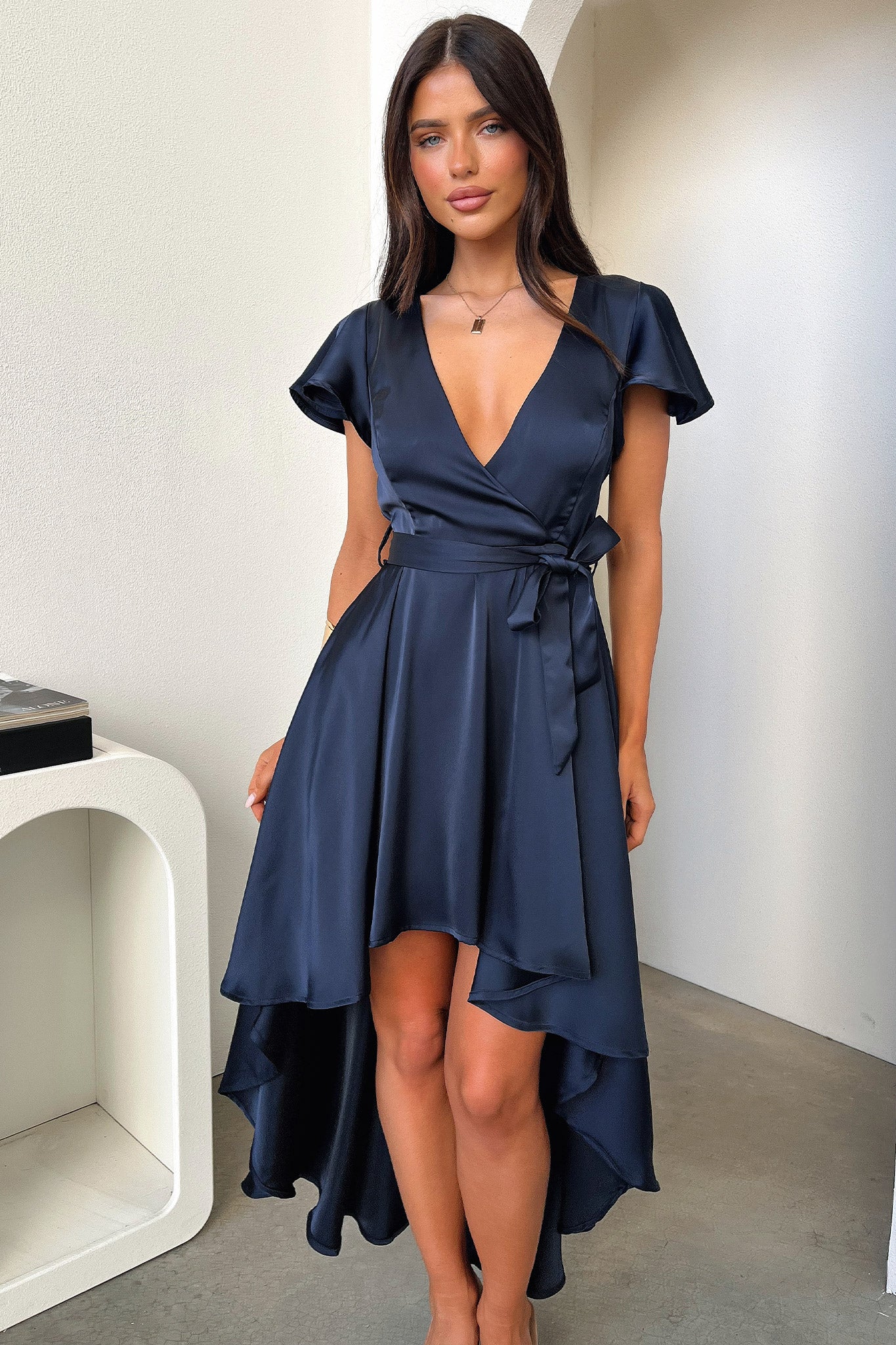 Amelia Satin Midi Dress - Navy - XNAUWBI