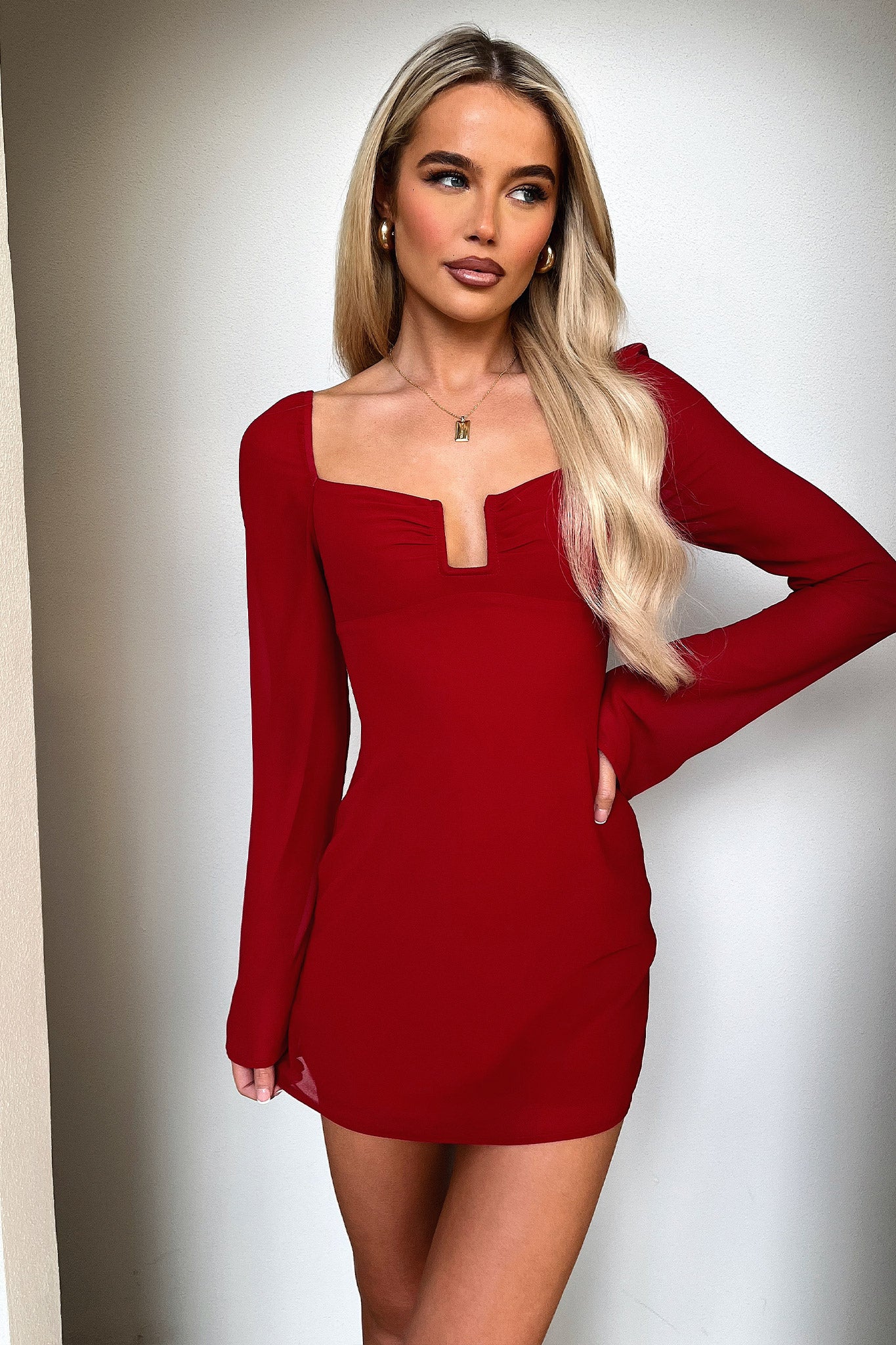 Charisma Long Sleeve Mini Dress - Red - XNAUWBI