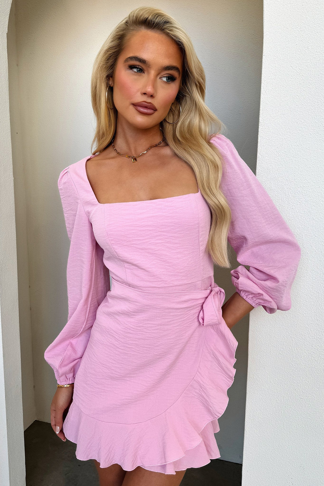 Silvana Long Sleeve Wrap Mini Dress - Pink - XNAUWBI