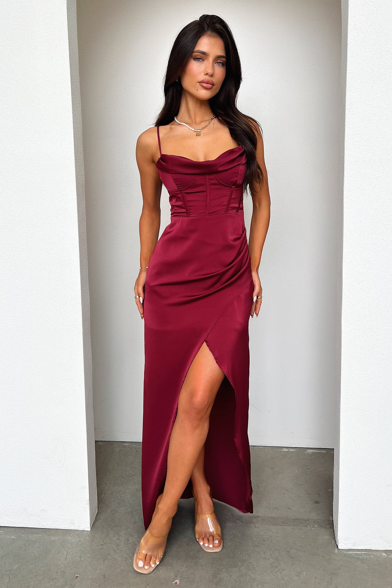 Aiana Satin Maxi Dress - Burgundy - XNAUWBI