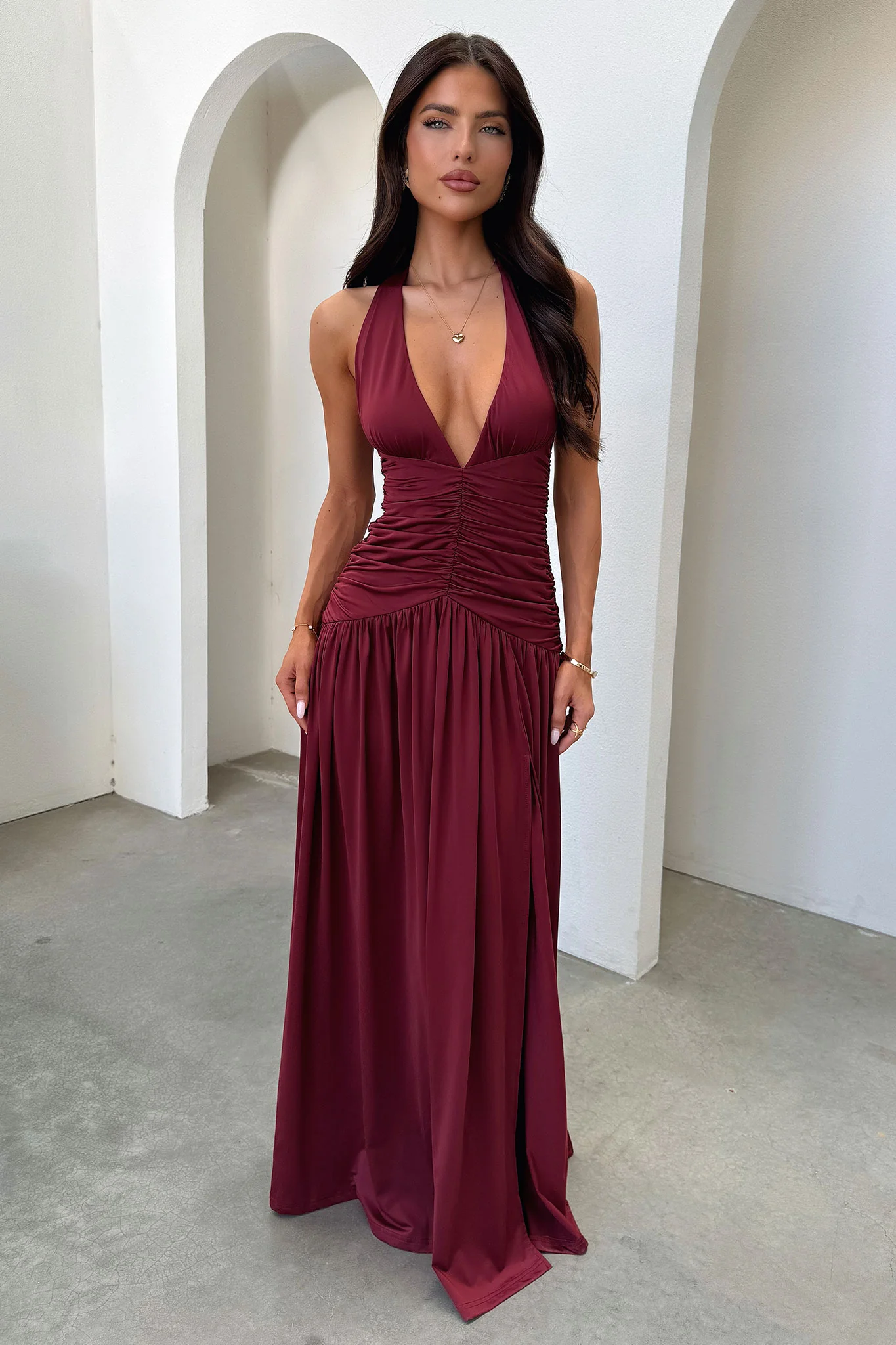 Ginevra Ruched Halter Maxi Dress - Burgundy - XNAUWBI