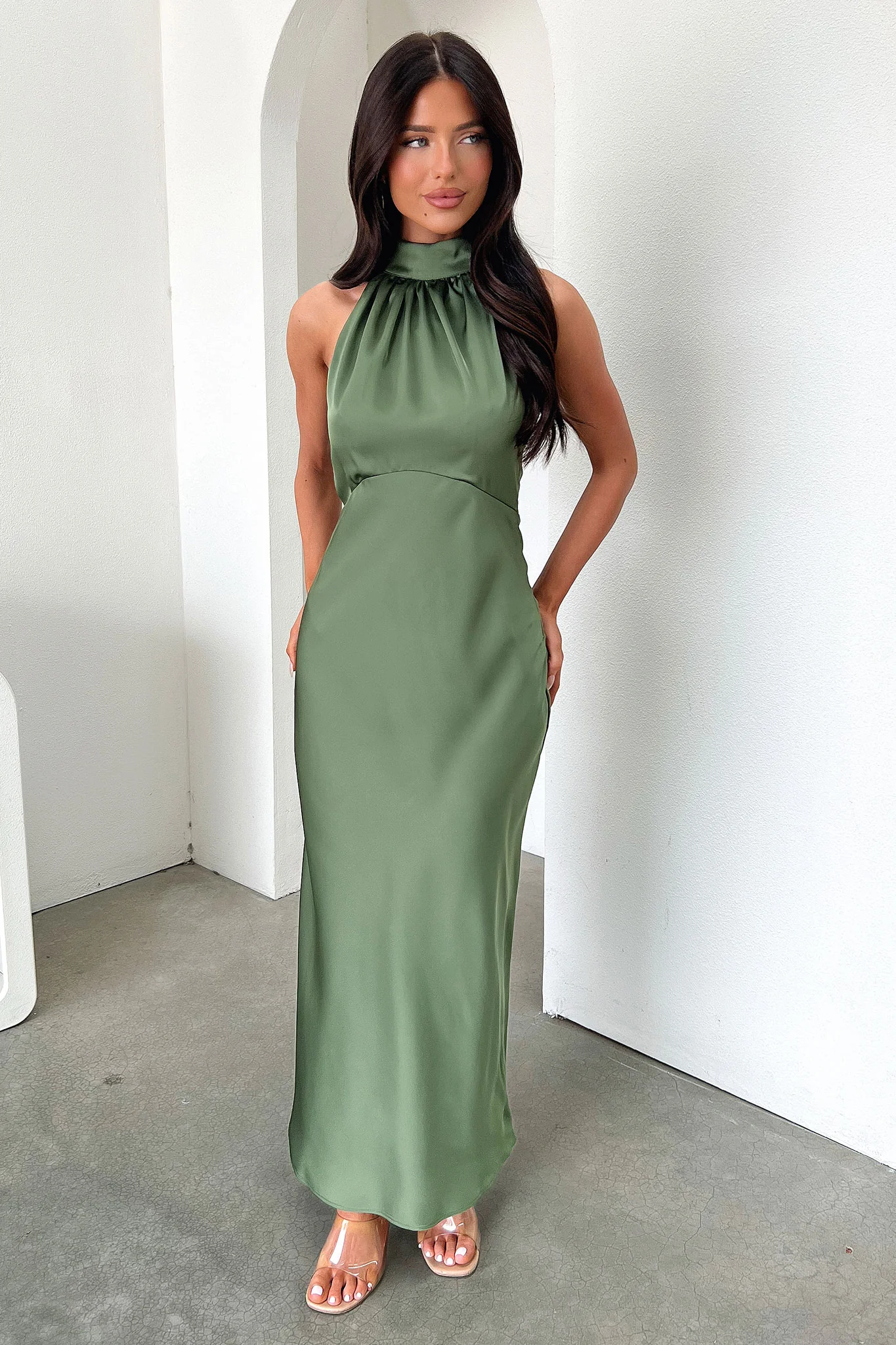 Daphne High Neck Maxi Dress - Olive - XNAUWBI
