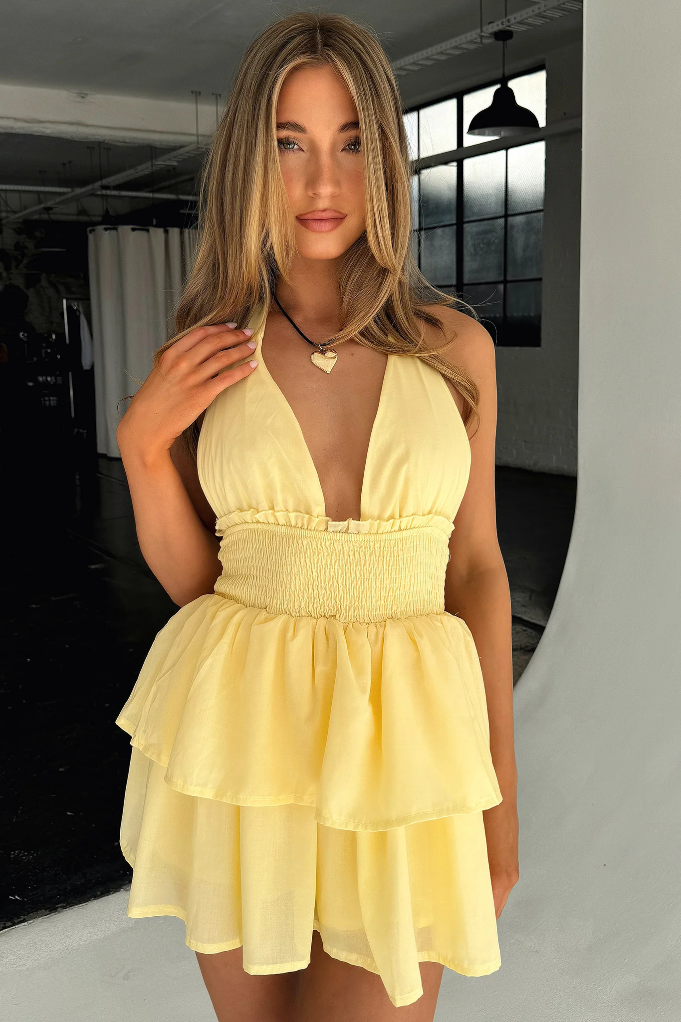 April Tiered Halter Mini Dress - Yellow - XNAUWBI