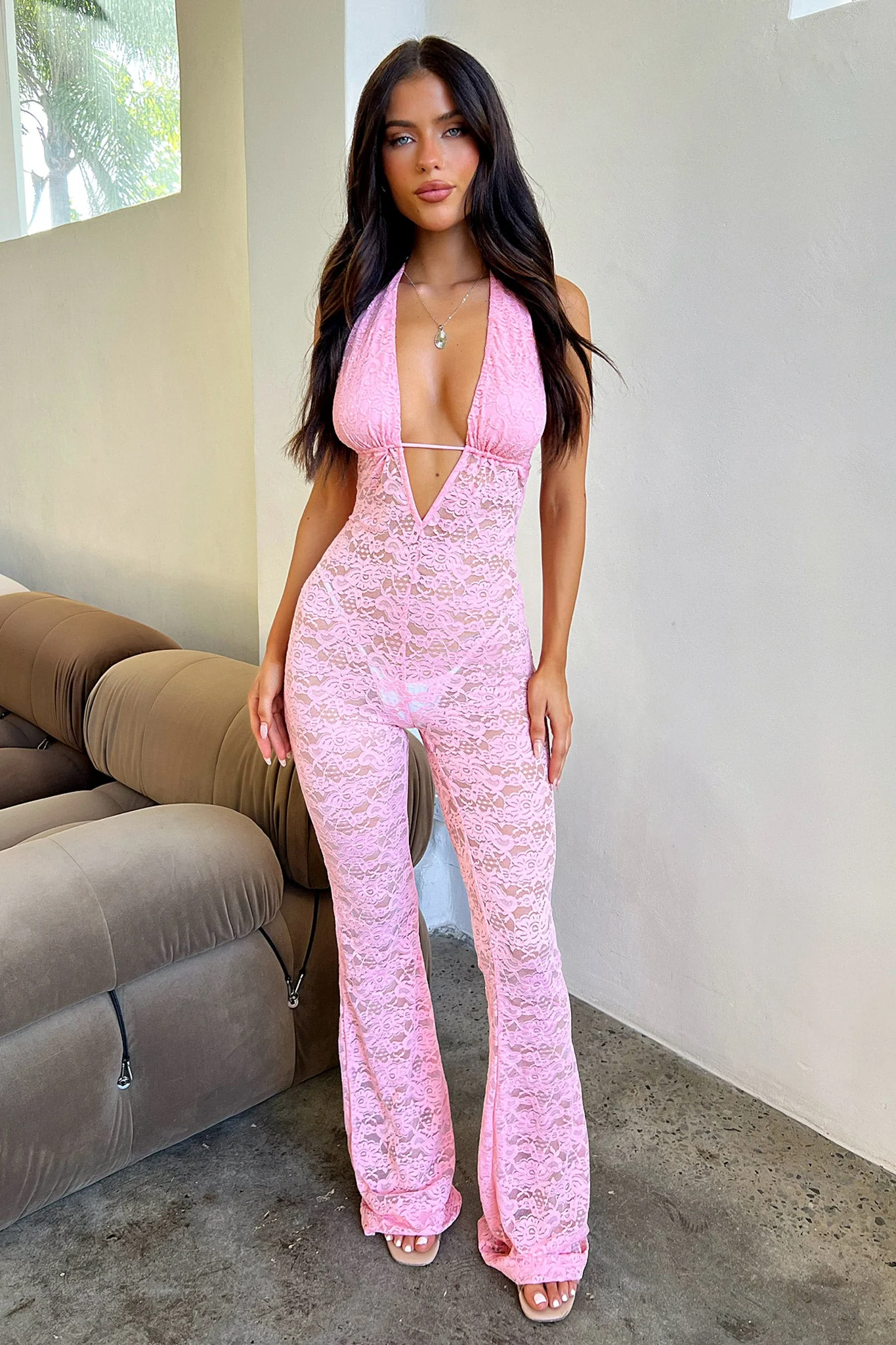 Nayla Lace Jumpsuit - Baby Pink - XNAUWBI