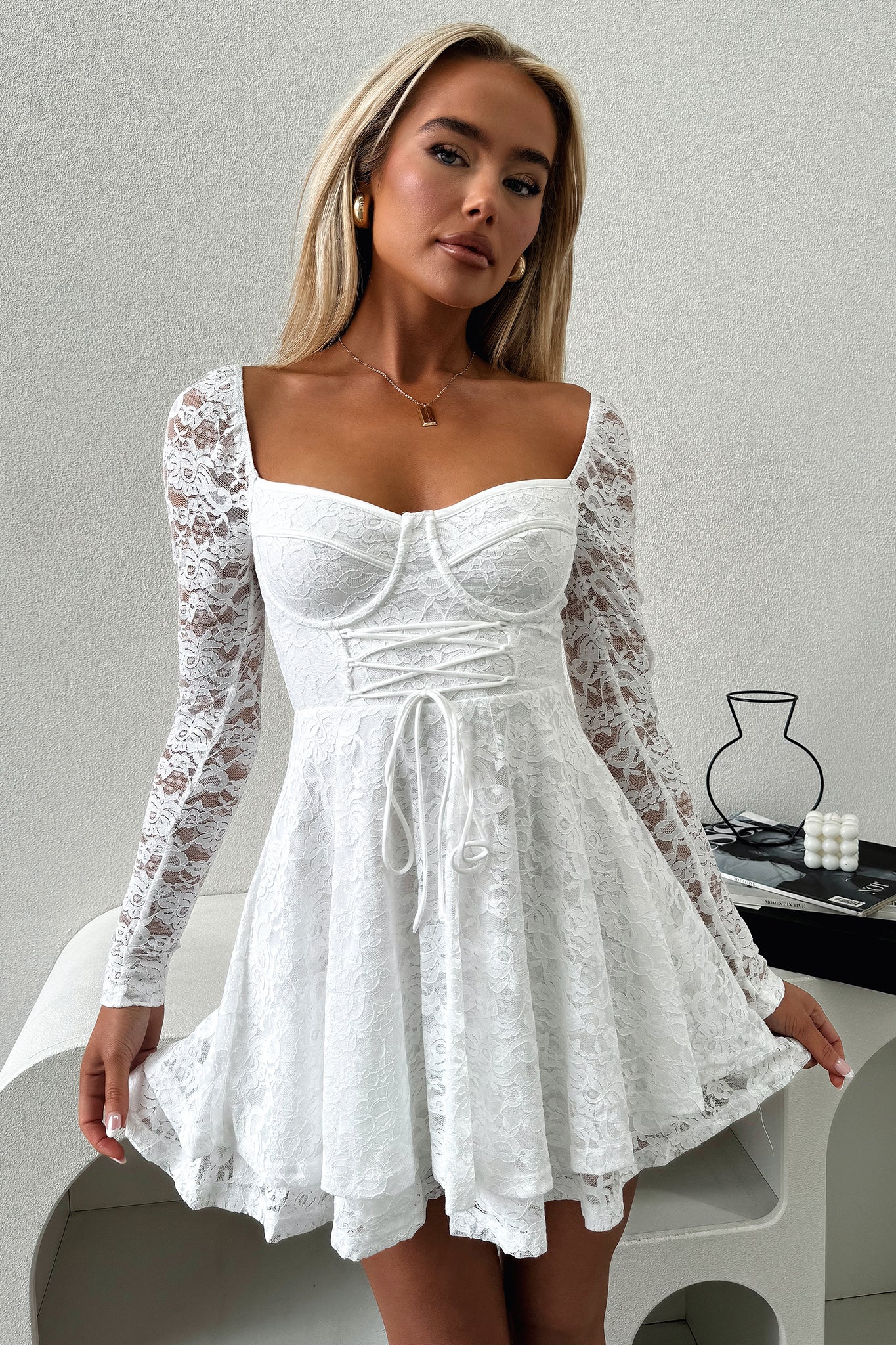 Tate Long Sleeve Lace Dress - White - XNAUWBI