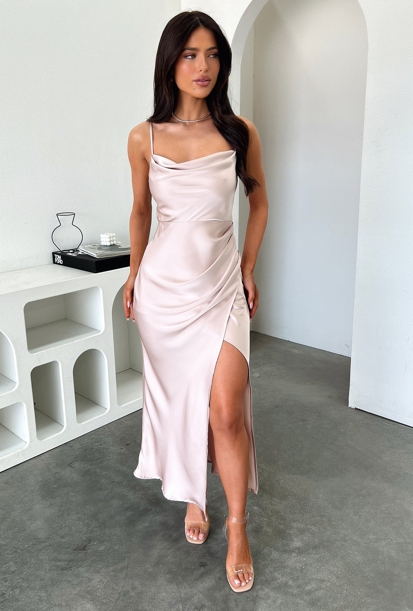 Evelyn Satin Cowl Neck Midi Dress - Champagne - XNAUWBI