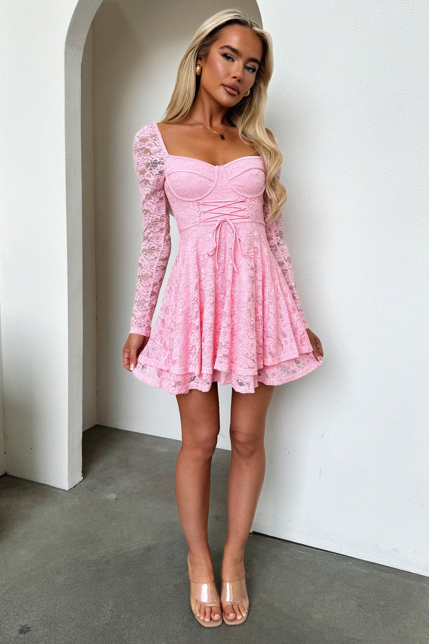 Tate Long Sleeve Lace Dress - Baby Pink - XNAUWBI