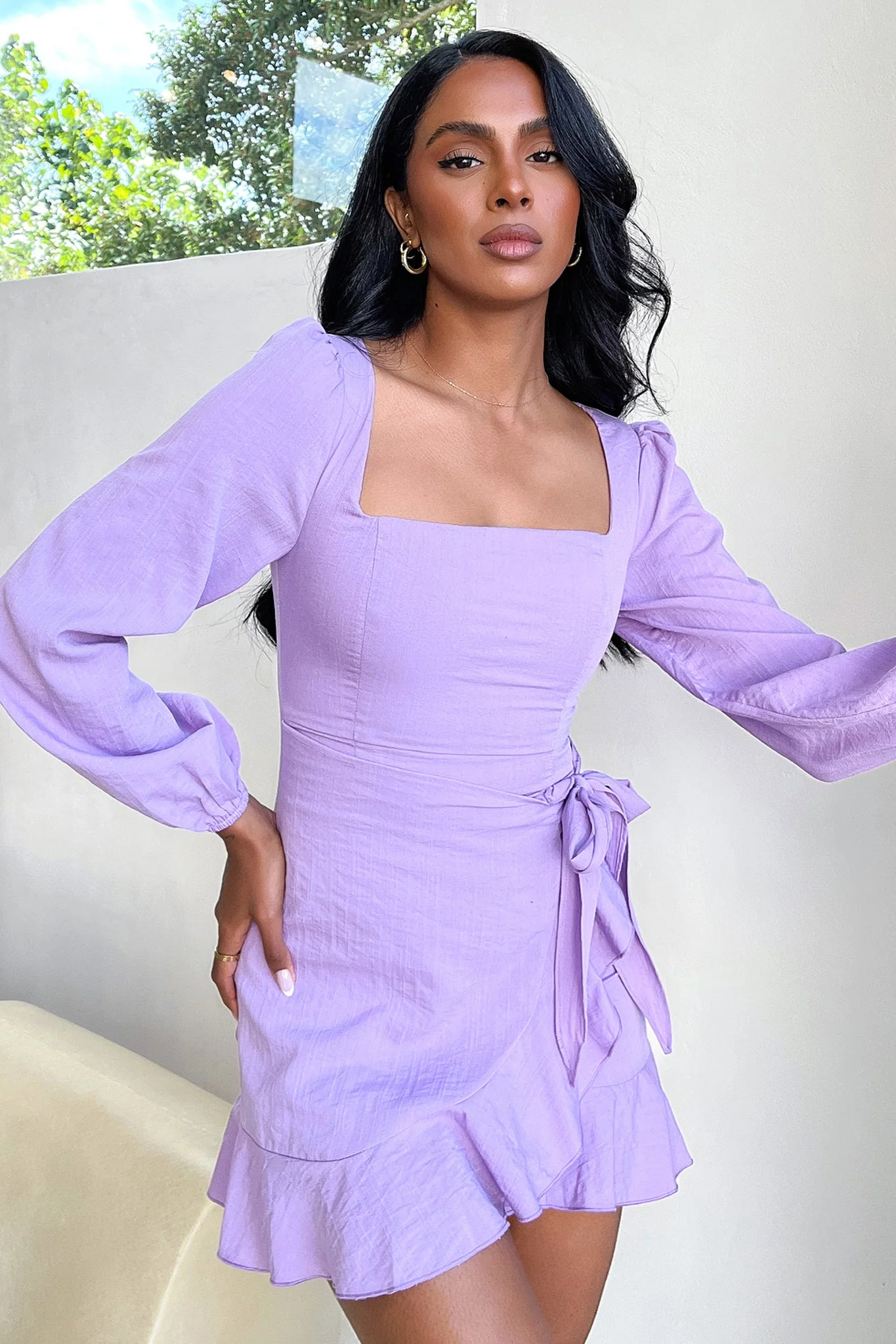 Silvana Long Sleeve Wrap Mini Dress - Lilac - XNAUWBI