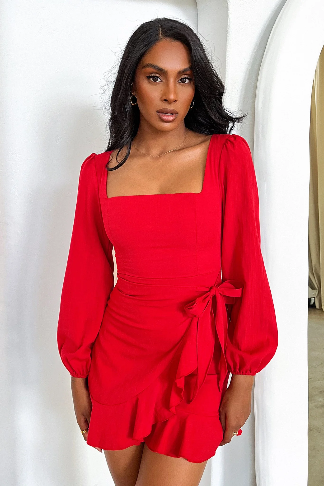 Silvana Long Sleeve Wrap Mini Dress - Red - XNAUWBI
