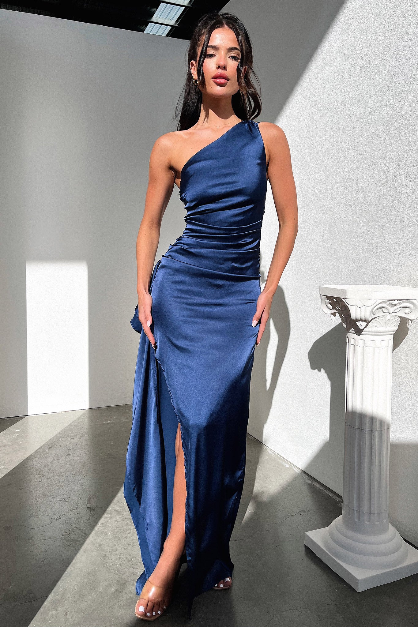 Elianna One Shoulder Satin Maxi Dress - Navy - XNAUWBI