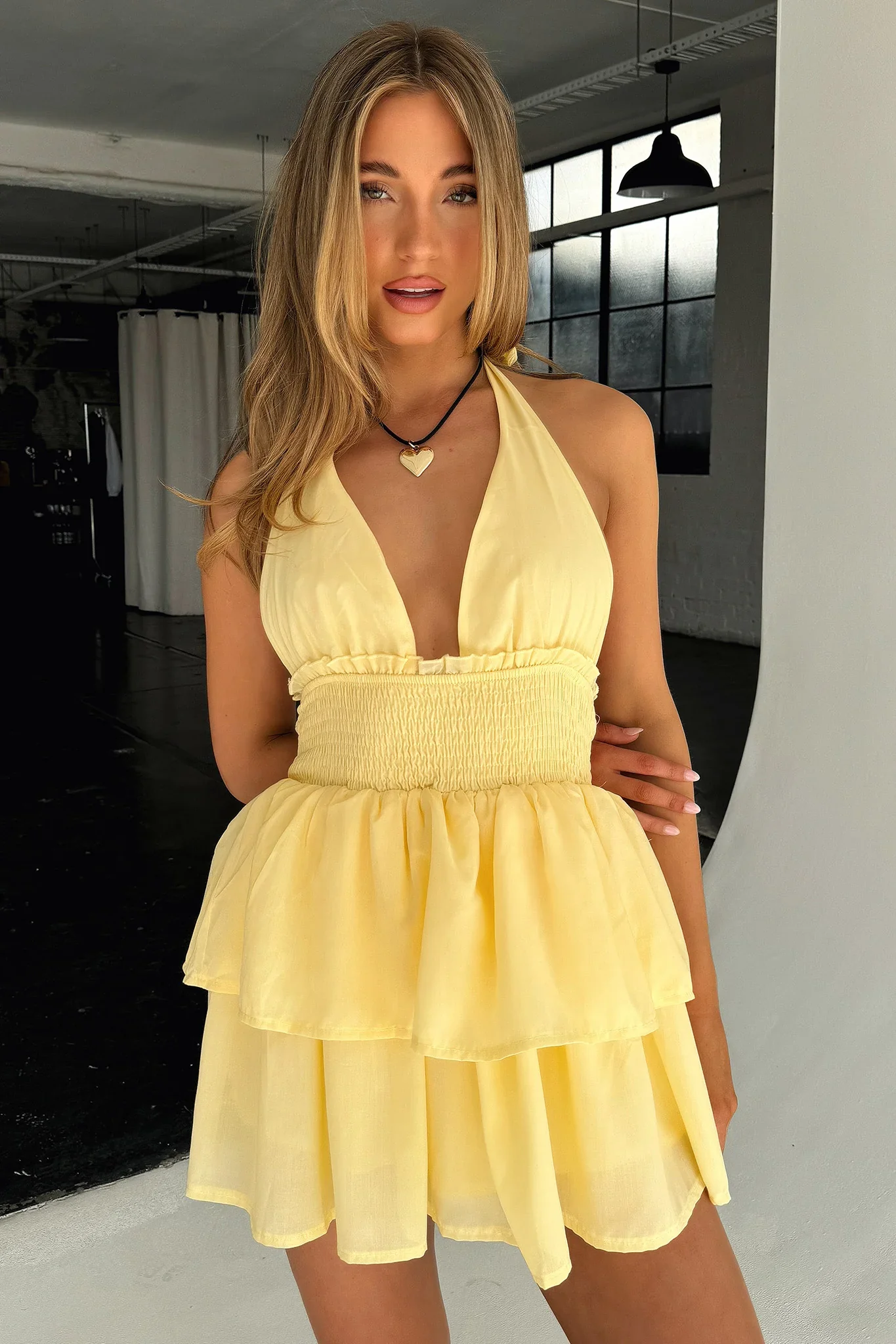 April Tiered Halter Mini Dress - Yellow - XNAUWBI