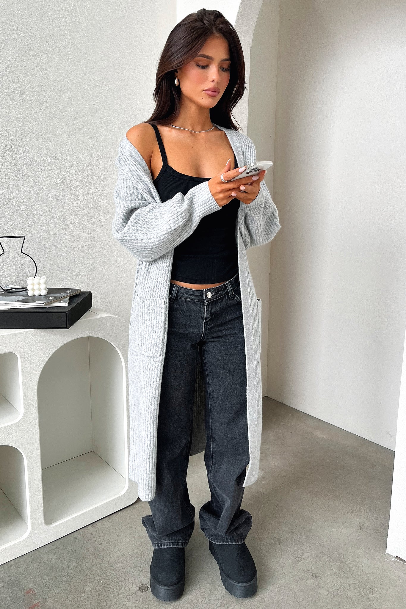 Arina Longline Knit Cardigan - Grey - XNAUWBI