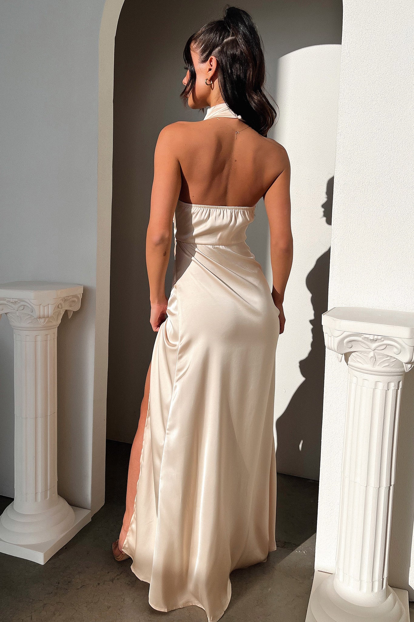 Arabelle High Neck Satin Maxi Dress - Champagne - XNAUWBI