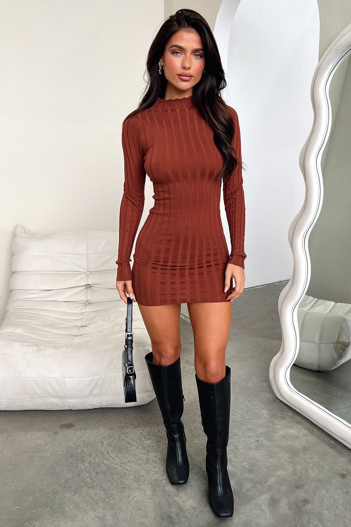 Emily Long Sleeve Turtle Neck Dress - Brown - XNAUWBI