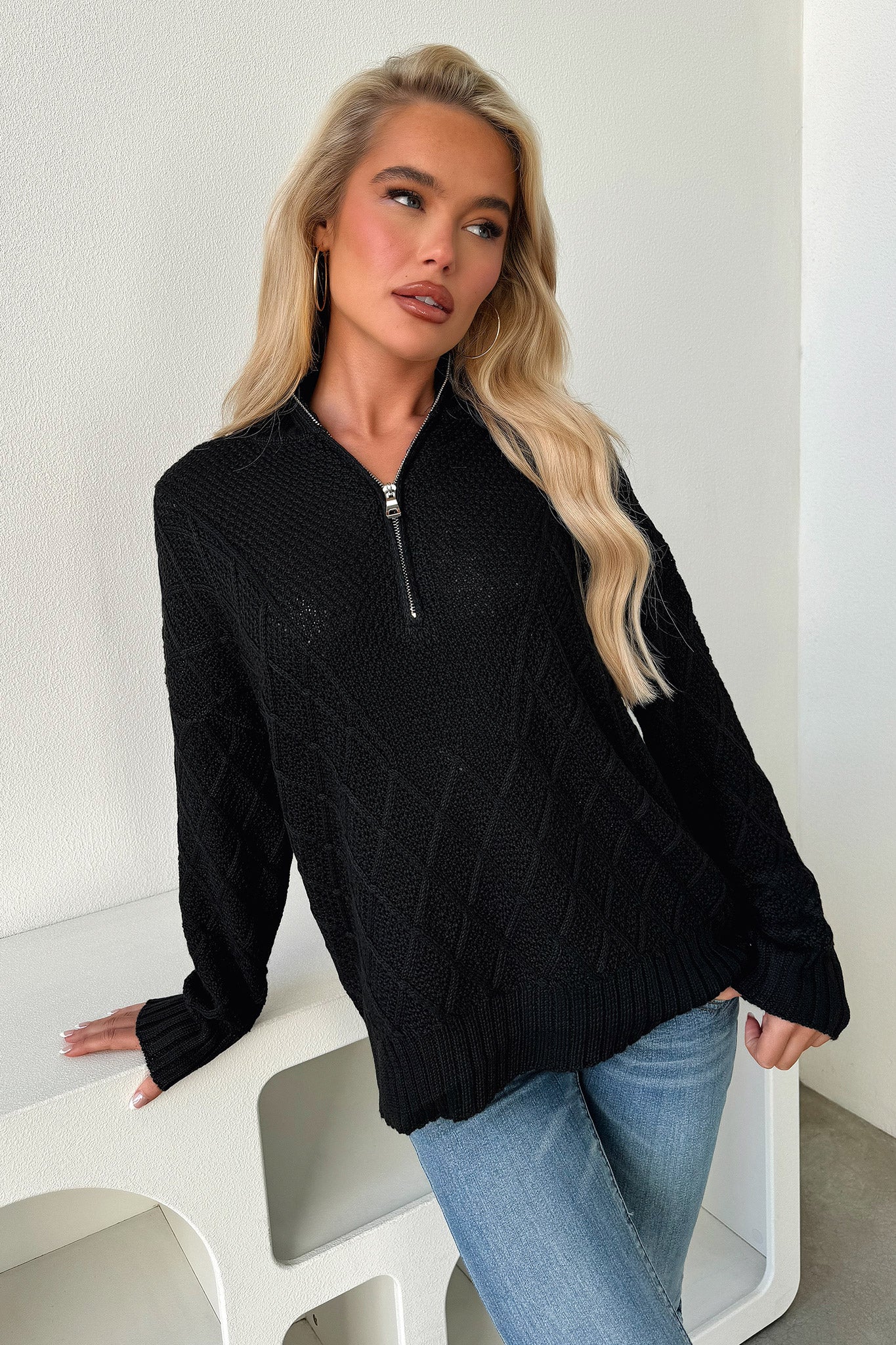 Aroha 3/4 Zip Knit - Black - XNAUWBI