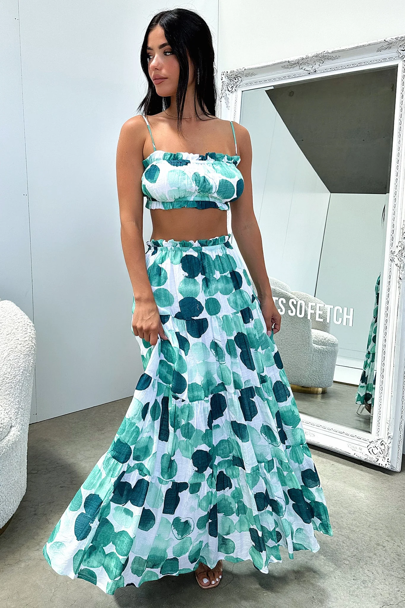 Selina Tiered Maxi Skirt - Green / White Print - XNAUWBI