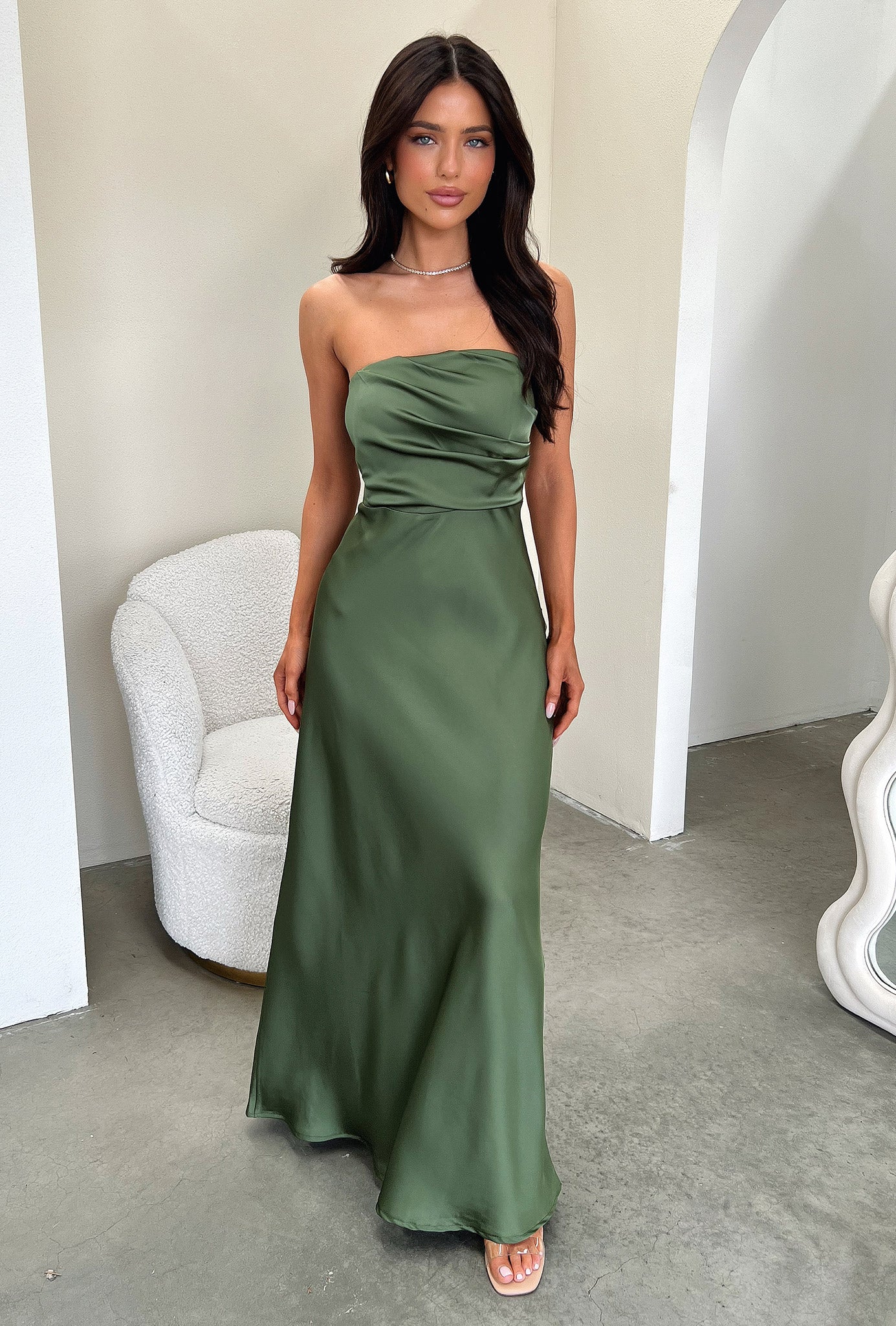 Elio Strapless Satin Maxi Dress - Olive - XNAUWBI