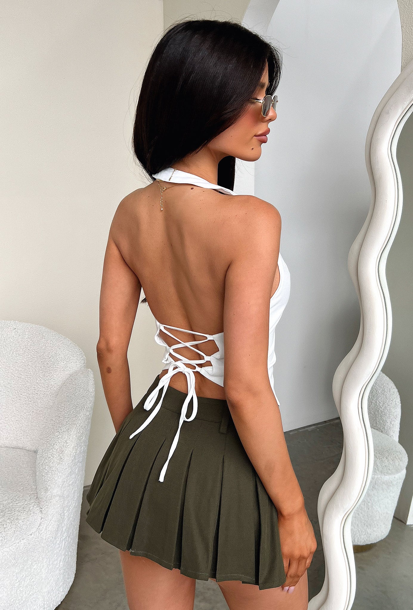 Wren Pleated Mini Skirt - Khaki - XNAUWBI