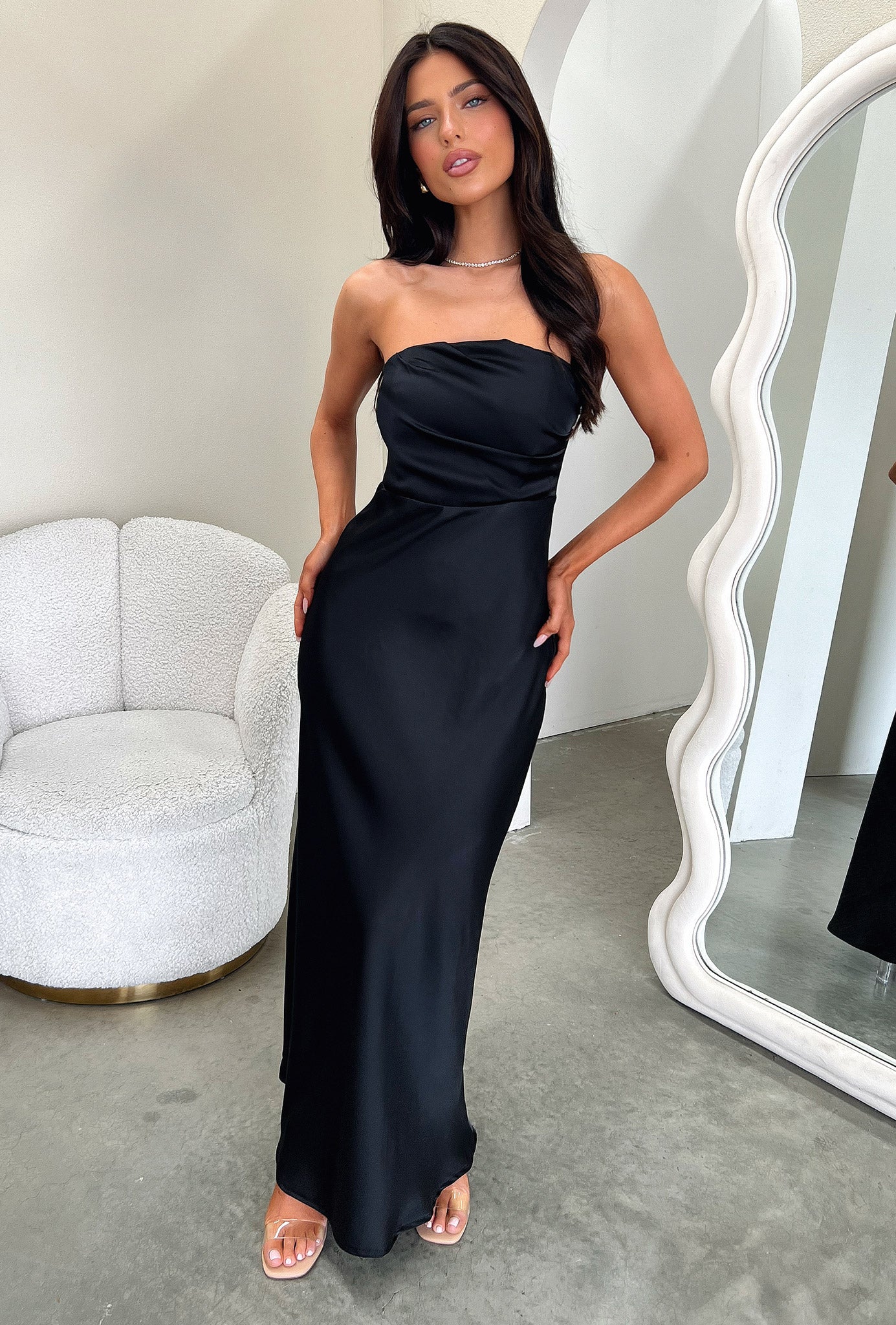 Elio Strapless Satin Maxi Dress - Black - XNAUWBI