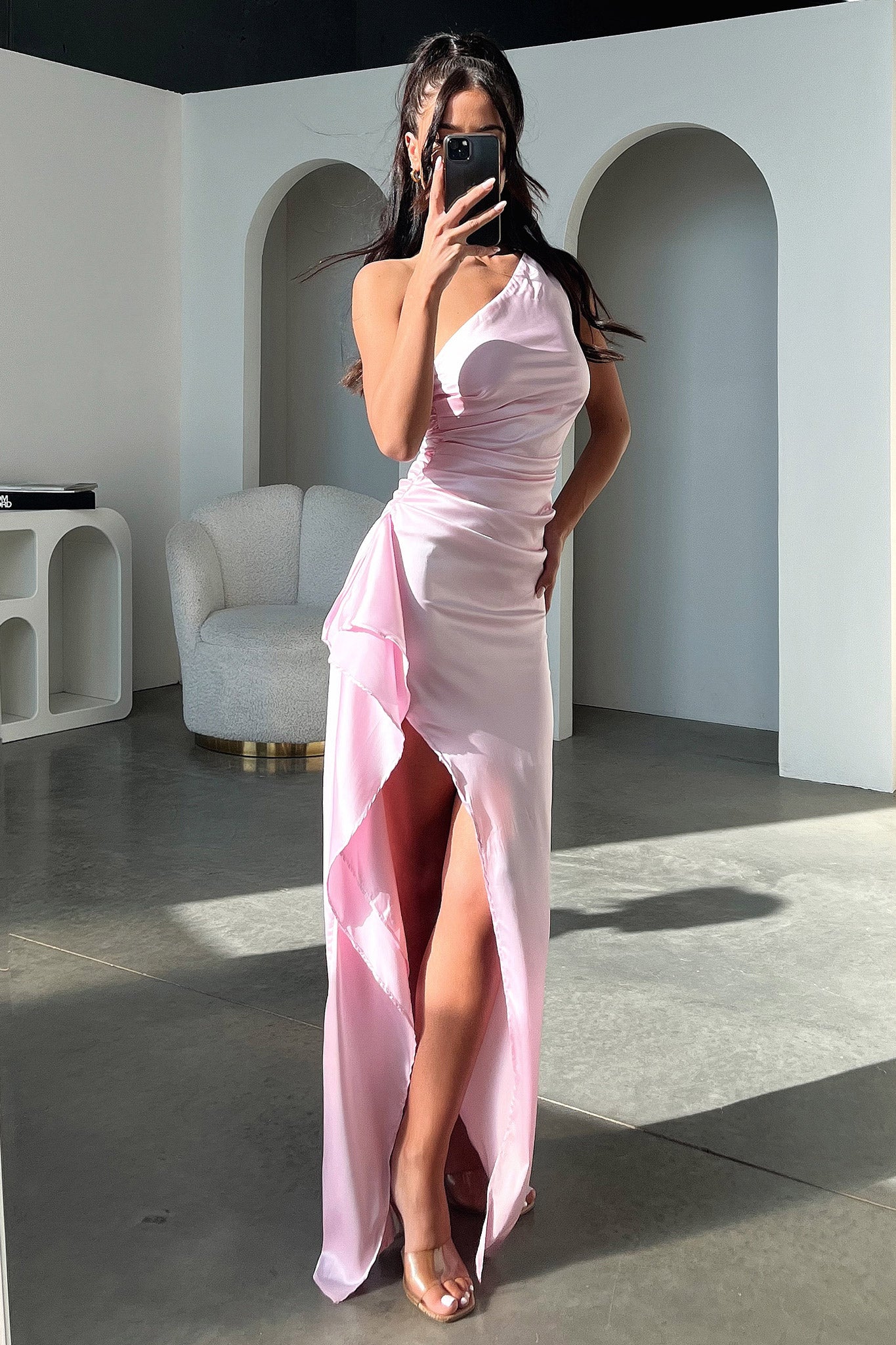 Elianna One Shoulder Satin Maxi Dress - Pink - XNAUWBI