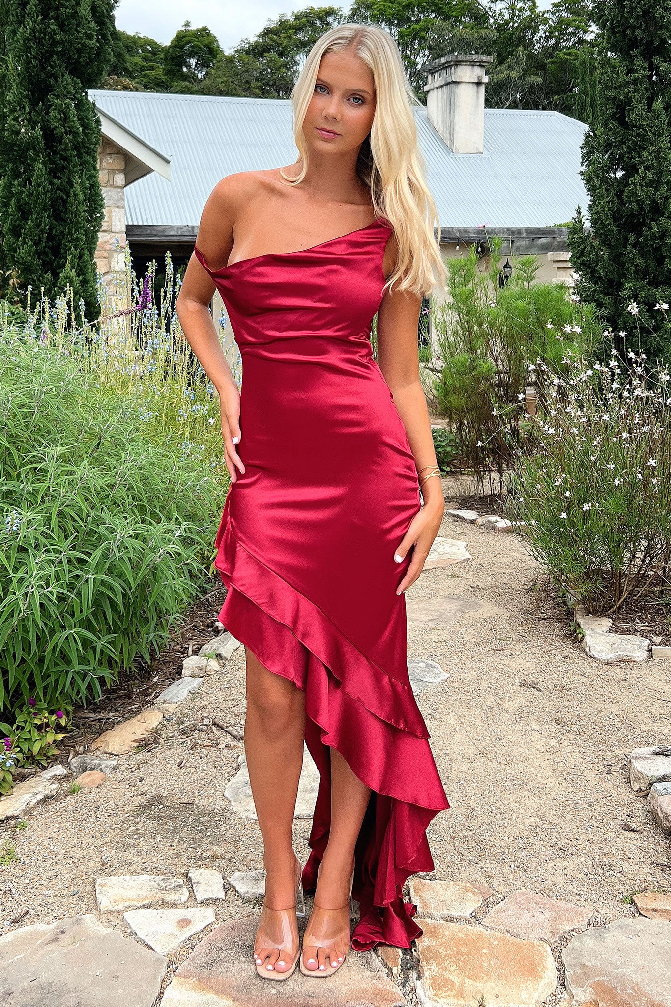 Daenerys Off Shoulder Satin Maxi Dress - Burgundy - XNAUWBI