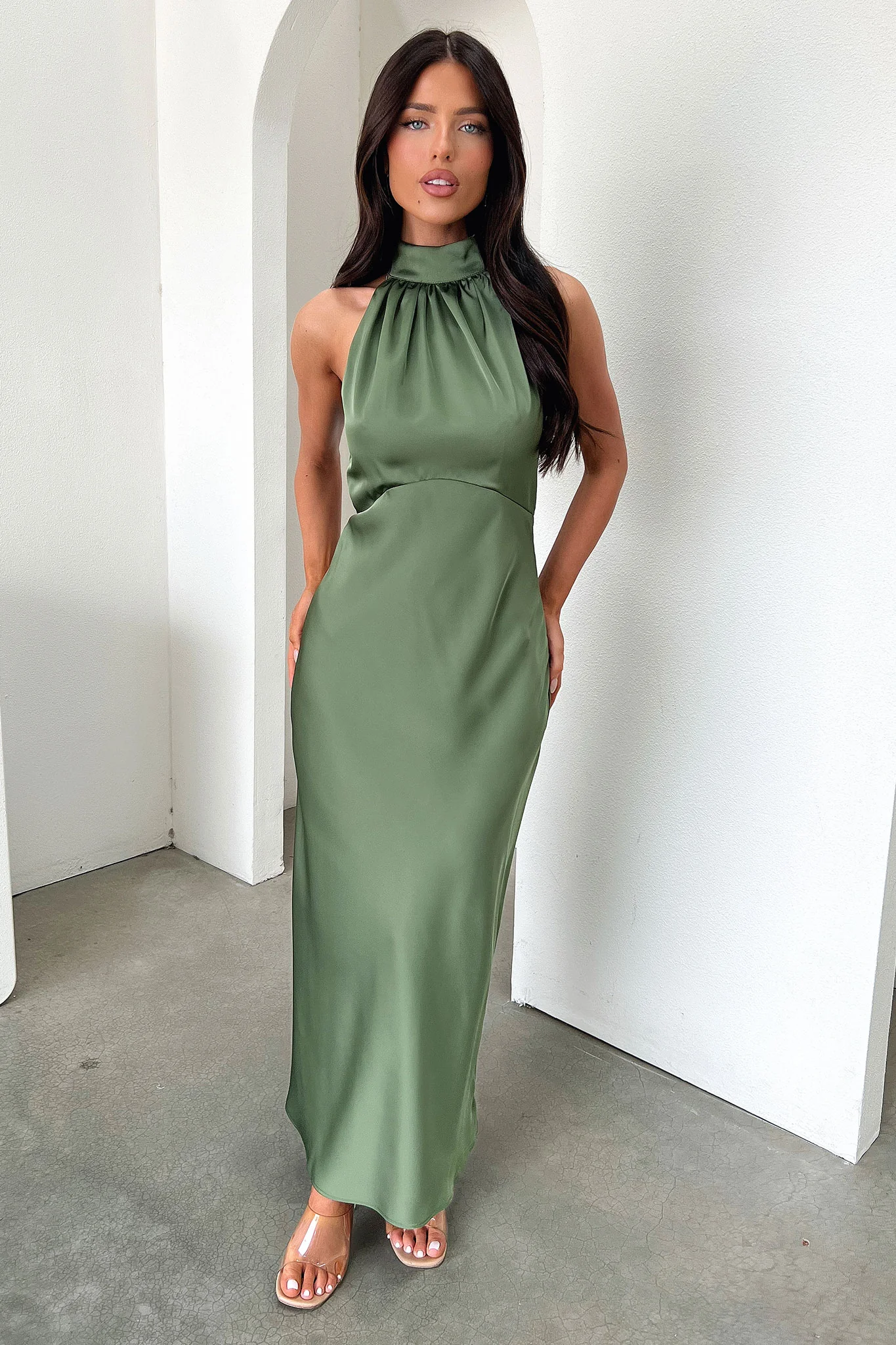 Daphne High Neck Maxi Dress - Olive - XNAUWBI