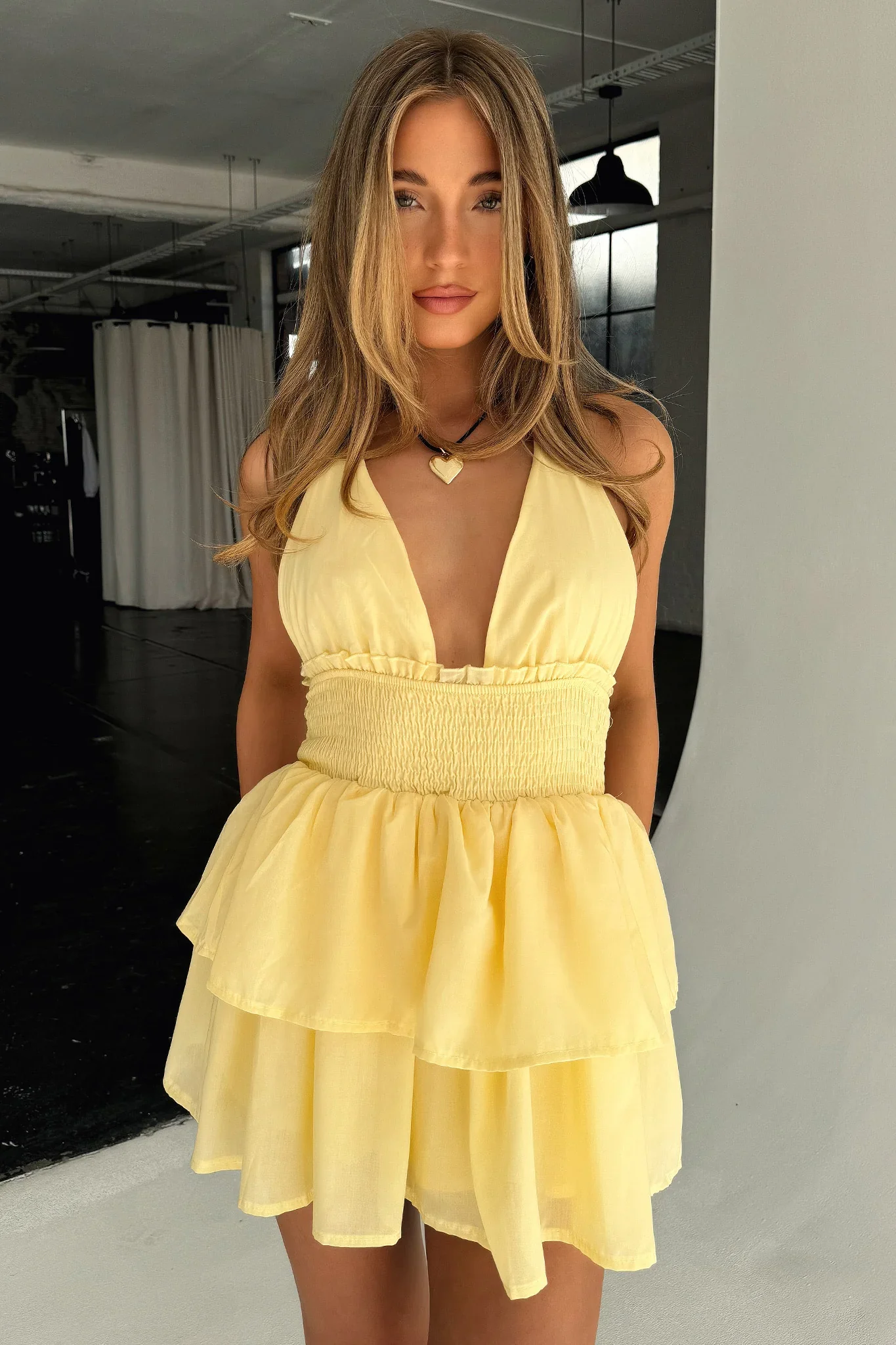April Tiered Halter Mini Dress - Yellow - XNAUWBI