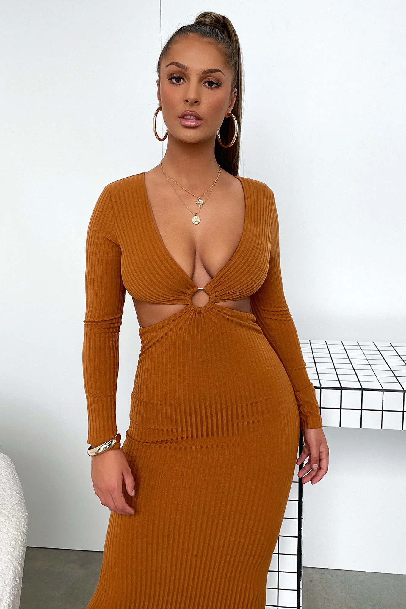 Laska Midi Dress - Rust Brown - XNAUWBI