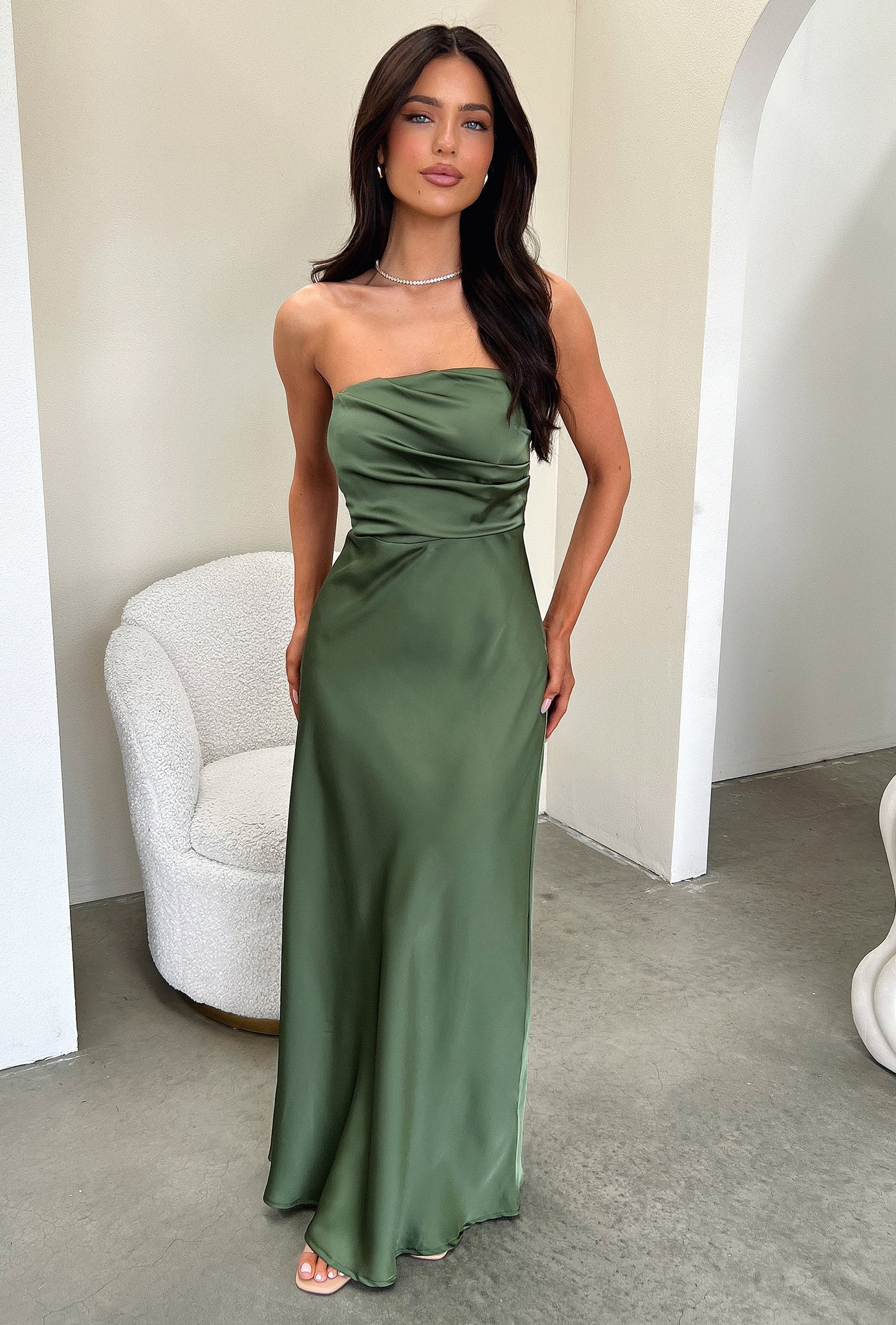 Elio Strapless Satin Maxi Dress - Olive - XNAUWBI